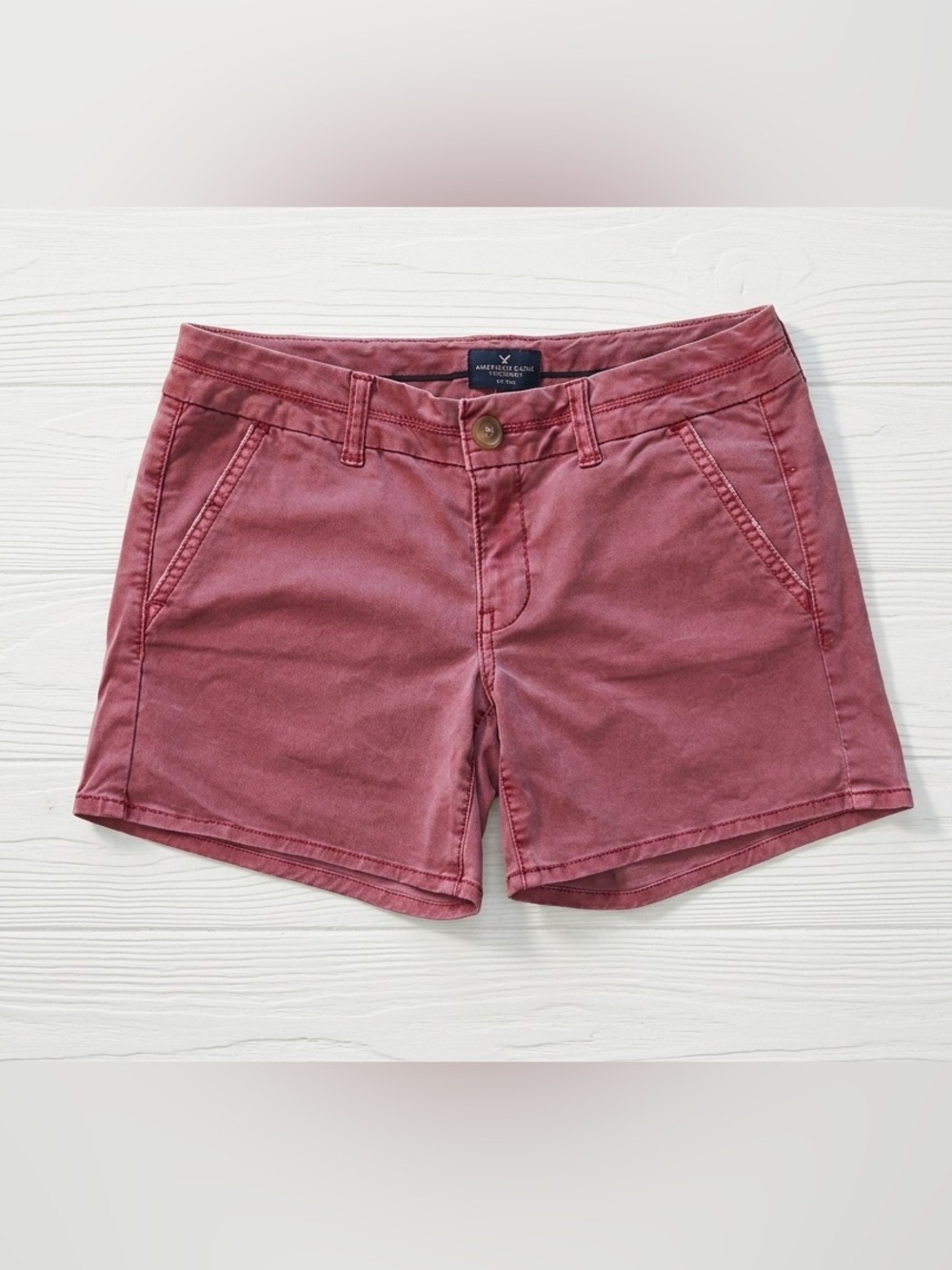 American Eagle Women's Red Distressed Mid Length Bermuda Denim Shorts Size 4